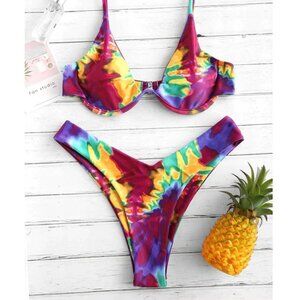 ZAFUL 2 pc multicolor tie dye underwire bikini top & v cut bottom set size M (6)